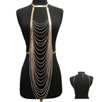 Gold layered body chain jewelry long necklace with gold-toned multiple cascading layered chains from central neckpiece