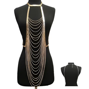 Gold layered body chain jewelry long necklace with gold-toned multiple cascading layered chains from central neckpiece