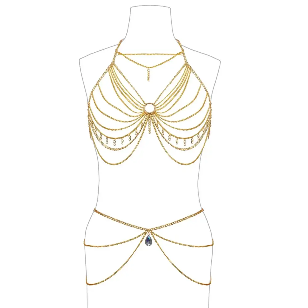 Gold layered body chain featuring multiple layered chains and a central blue teardrop pendant for elegant style