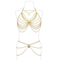Gold layered body chains featuring multiple layered chains and a central blue teardrop pendant for elegant wear