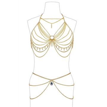 Gold layered body chain featuring multiple layered chains and a central blue teardrop pendant for elegant style