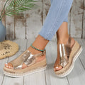 Rose gold metallic leather rope wedge sandals with woven espadrille sole and open-toe design for plus size