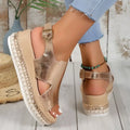 Gold metallic plus size rope wedge sandals with woven espadrille straps and rhinestone detailing