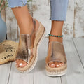 Rose gold metallic platform rope wedge sandals with woven espadrille sole and open toe design for plus size wear