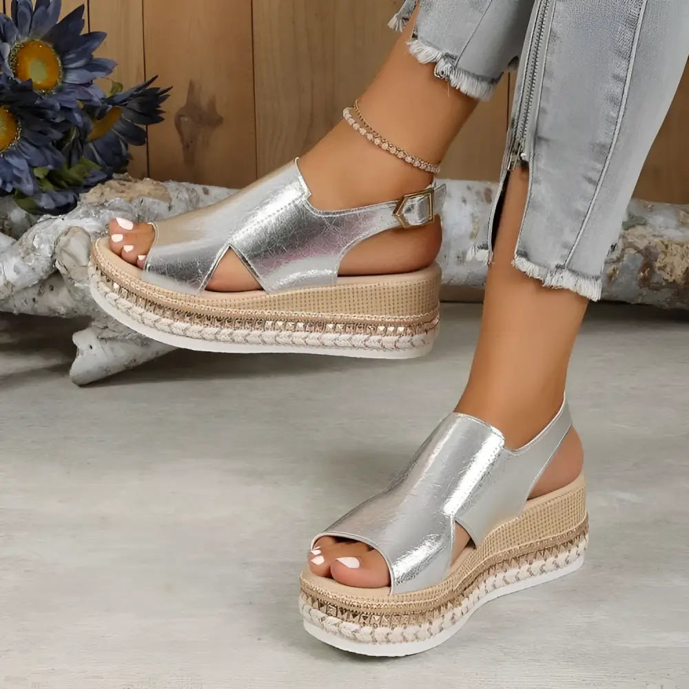 Silver metallic platform sandals with woven espadrille sole and adjustable ankle strap rope wedge sandals