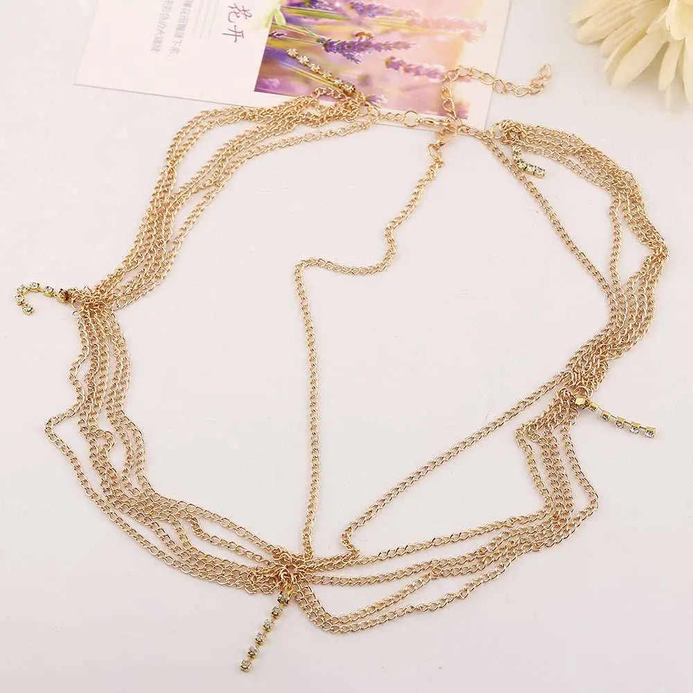 Gold multi layer tassel inlaid diamond head chain belt with delicate beads and shimmering layered design