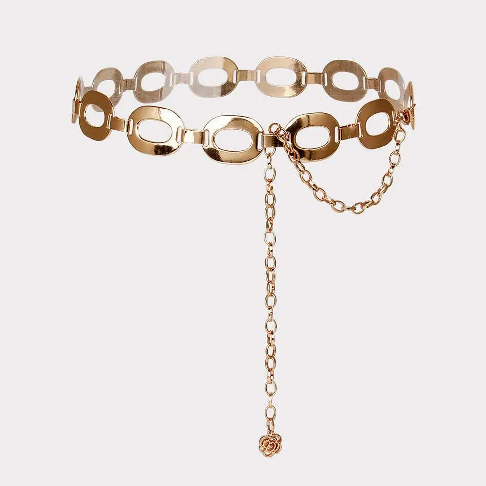 Gold-toned metallic jewelry waist chain with double-layered oval link design and rose charm dangling chain perfect for summer jewelry waist