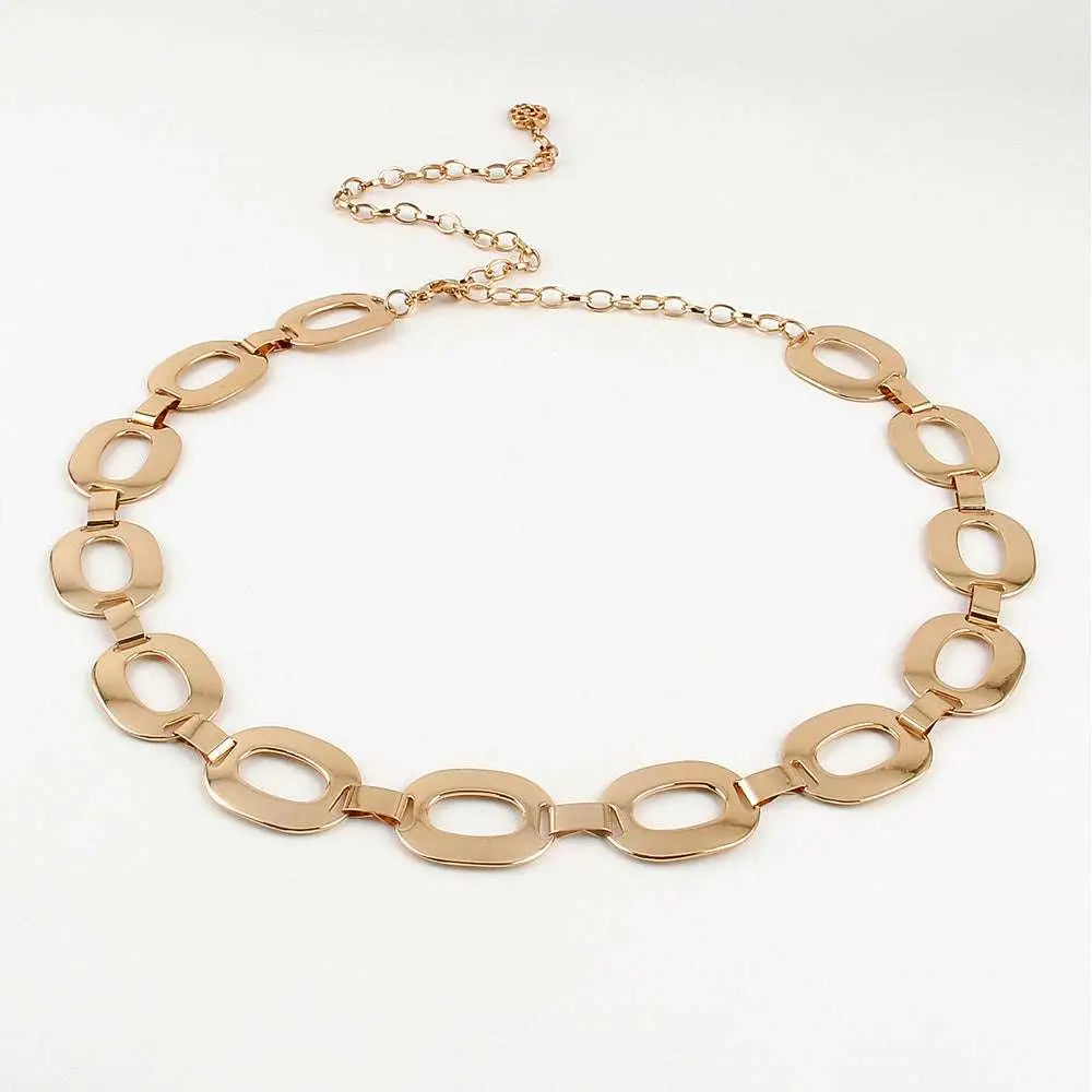 Gold-toned jewelry waist chain featuring oval link design with interlocking oval links for summer jewelry waist style