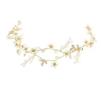 Elegant gold-toned pearl flower wedding headband with delicate white pearls and sparkling crystals in floral vine design