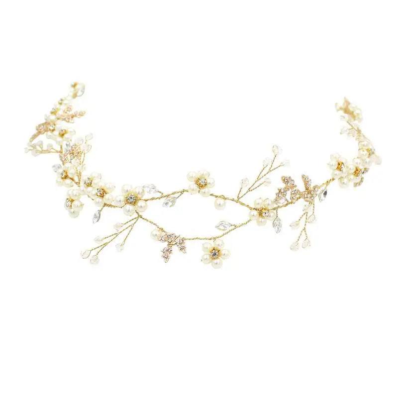 Elegant gold-toned pearl flower wedding headband with delicate white pearls and sparkling crystals in floral vine design