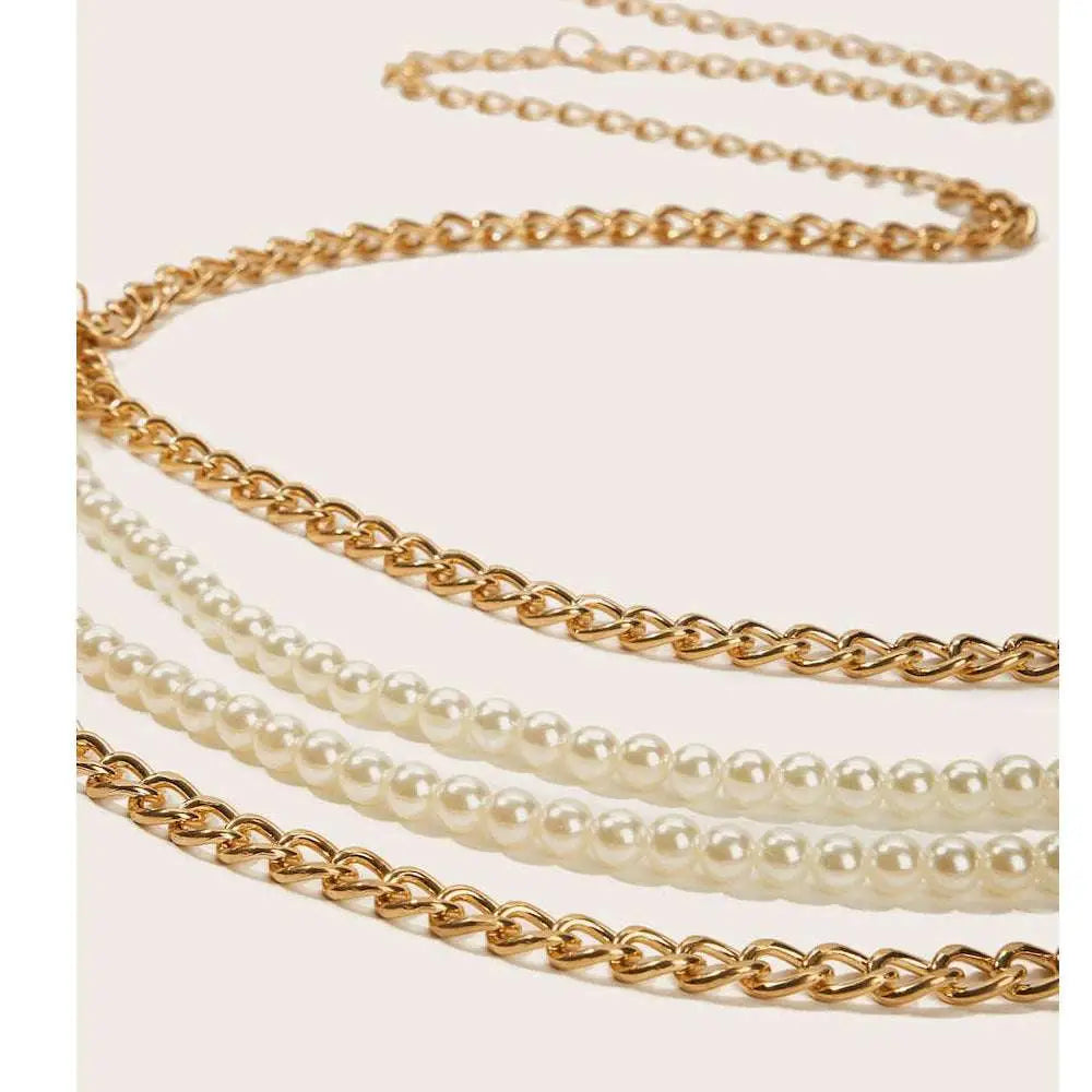 Gold-toned waist chain featuring cream-colored faux pearls as elegant gold pearl jewelry accessories