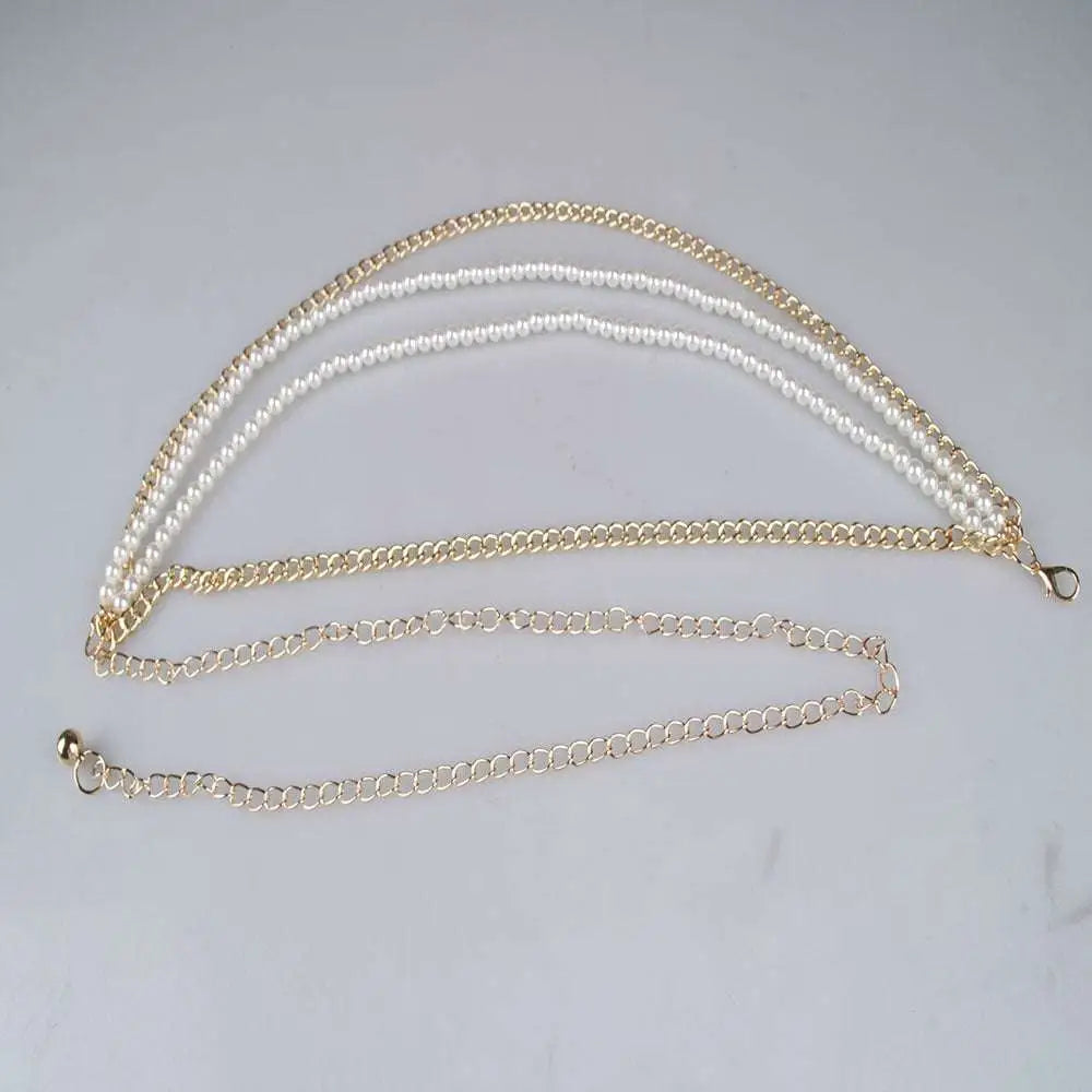 Gold-toned waist chain with three parallel strands featuring two pearl jewelry accessories and one plain metal chain