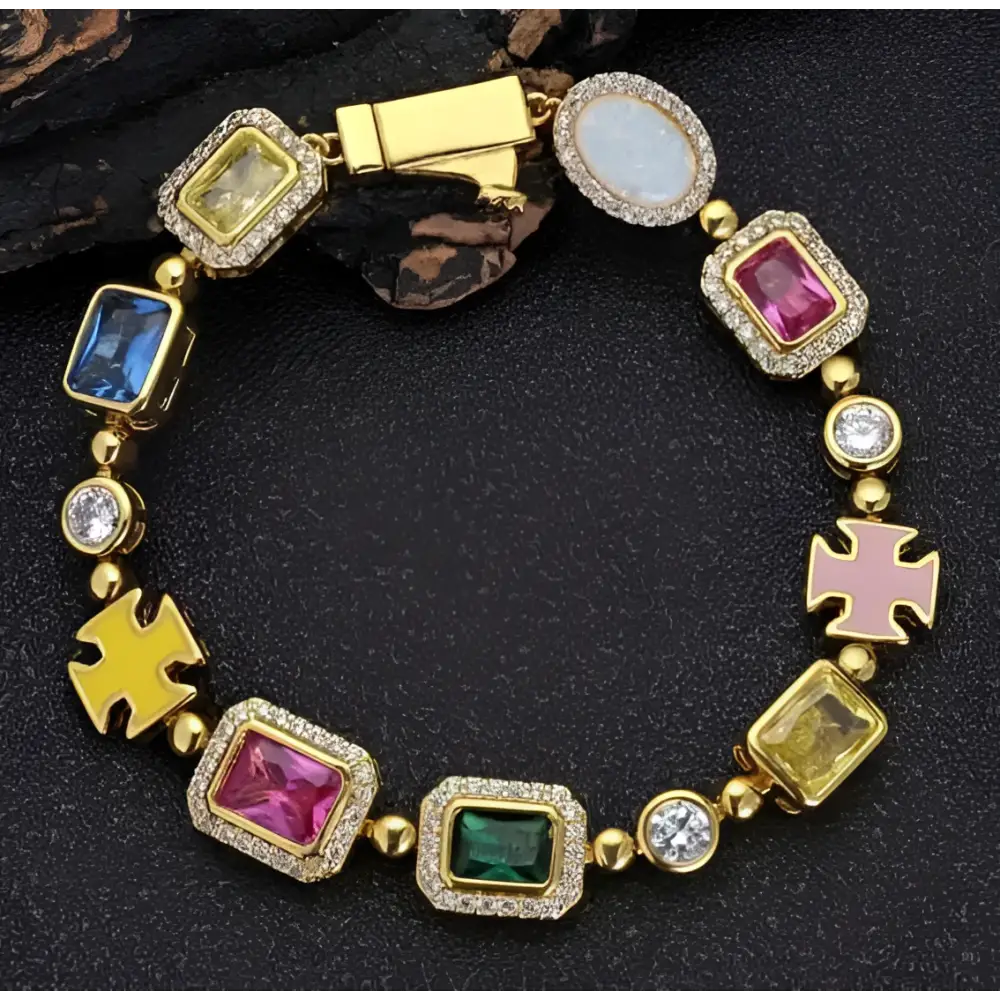 Gold plated hip-hop gemstone bracelet set with gold-toned colorful rectangular and oval stones and pink cross charms