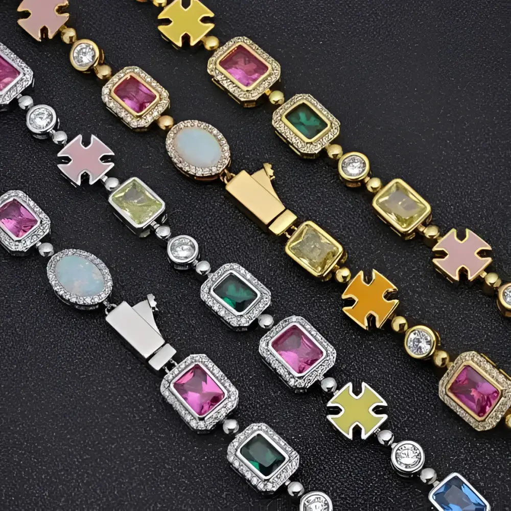 Gold plated hip-hop gemstone bracelet set with multi-colored square-cut stones and gold and silver-toned metal links
