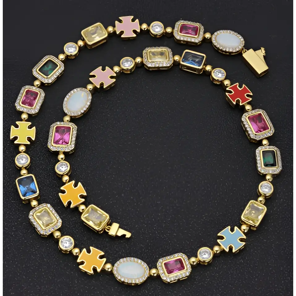 Gold plated hip-hop gemstone necklace and bracelet set with vibrant enamel crosses and multicolored rectangular gemstones