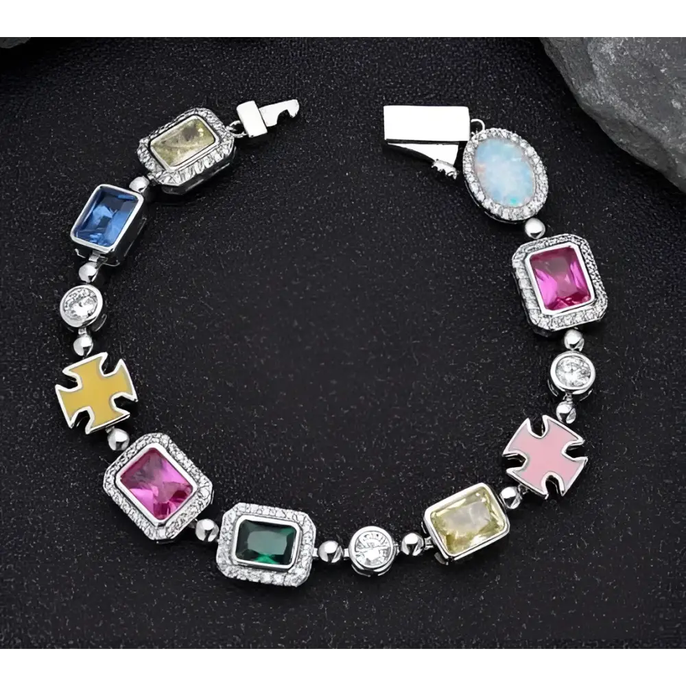 Gold plated hip-hop gemstone necklace and bracelet set with colorful rectangular and oval stones in silver links