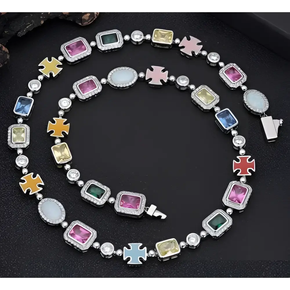 Gold plated hip-hop gemstone necklace and bracelet set with a silver chain and multi-colored pave stones