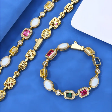 Gold plated hip-hop gemstone necklace and bracelet set with colorful opal gemstones in various cuts and gold tones
