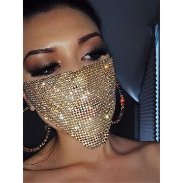 A dazzling gold rhinestone explosive metal flash jewelry mask featuring a dense sparkling array of rhinestones