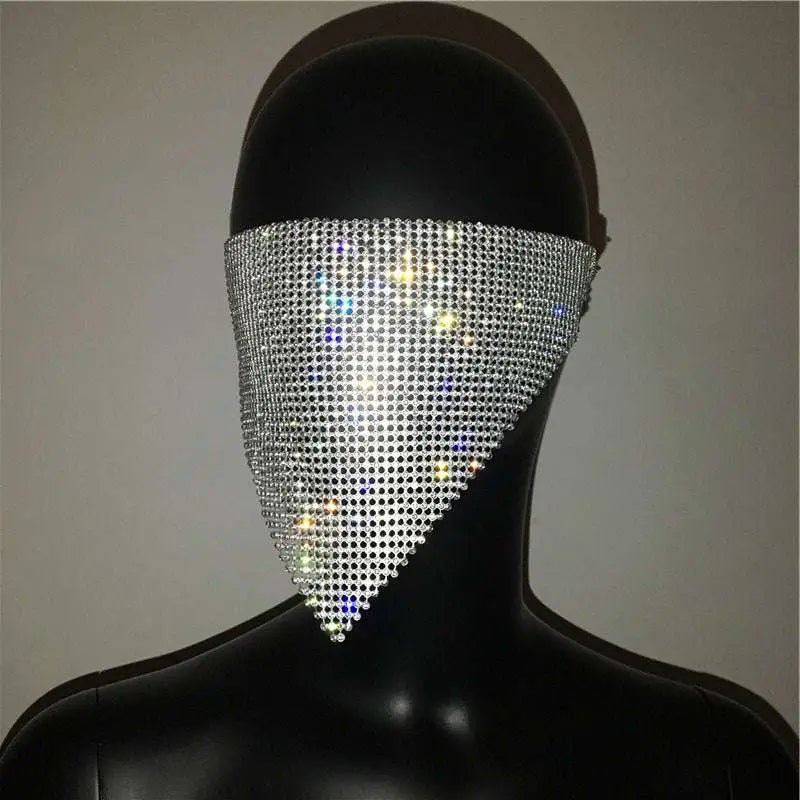 A shimmering silver rhinestone face veil with a triangular mesh design for gold rhinestone explosive metal flash jewelry mask