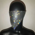 A black mesh flash jewelry mask adorned with multicolored sparkling gold rhinestone and explosive metal flash details