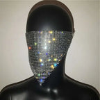 A black mesh flash jewelry mask adorned with multicolored sparkling gold rhinestone and explosive metal flash details
