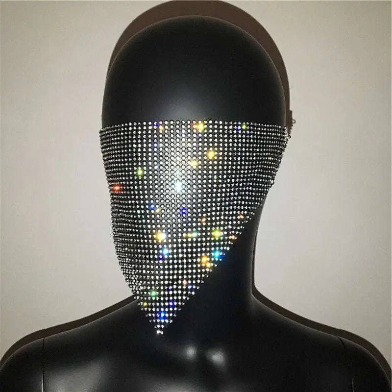 A black mesh flash jewelry mask adorned with multicolored sparkling gold rhinestone and explosive metal flash details