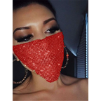 A dazzling red explosive metal flash jewelry mask with dense sparkling gold rhinestone embellishments