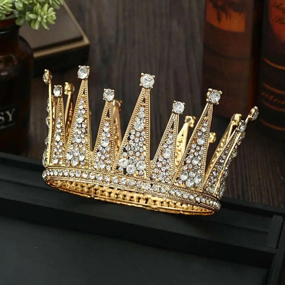 Gold rhinestone fashion bridal hair accessories featuring an alloy crown adorned with clear sparkling rhinestones