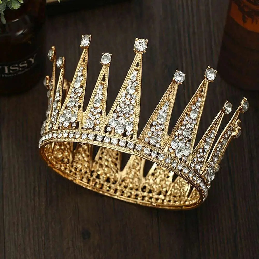 Gold rhinestone fashion bridal hair accessories featuring an alloy crown adorned with clear sparkling rhinestones