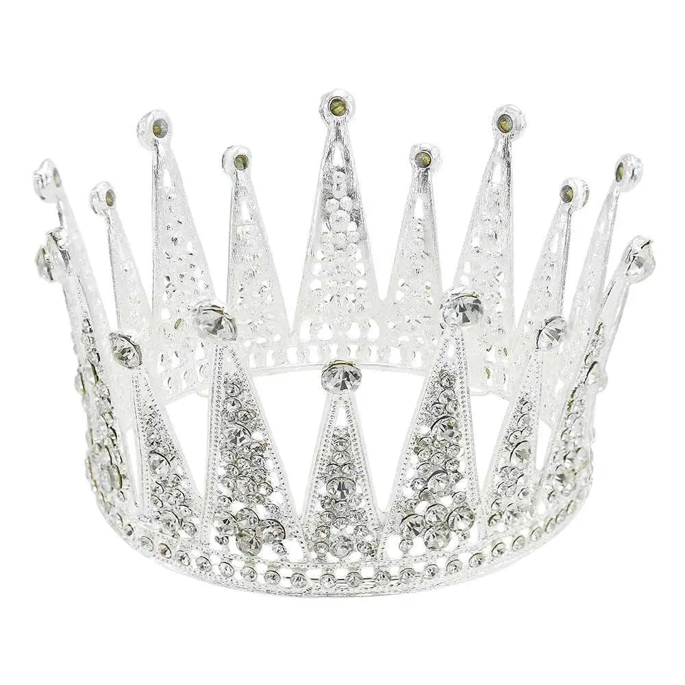 Silver tiara alloy crown adorned with sparkling rhinestones and intricate lace cutouts for bridal hair accessories