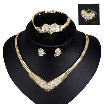Gold-toned heart and v-neck necklace bridal wedding party jewelry set with sparkling rhinestone embellishments