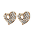 Gold heart-shaped stud earrings with clear rhinestones and a smaller heart cutout in a gold rhinestone heart love jewelry set