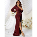 A shimmering burgundy sequined long sleeve evening gown with high slit and fishtail silhouette