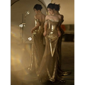 Gold sequined off-shoulder dress bridal fishtail with fitted silhouette and draped detailing perfect as toast dress bridal