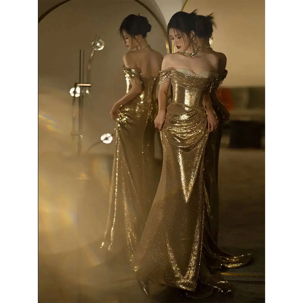 Gold sequined off-shoulder dress bridal fishtail with fitted silhouette and draped detailing perfect as toast dress bridal