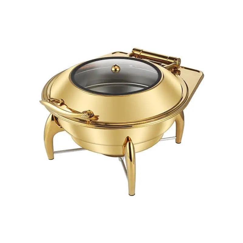 Gold stainless steel hotel restaurant bufei buffet stove chafing dish with clear glass lid and ornate gold handles
