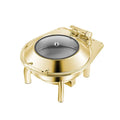Gold stainless steel hotel restaurant bufei buffet stove with a polished metal finish and clear glass lid chafing dish