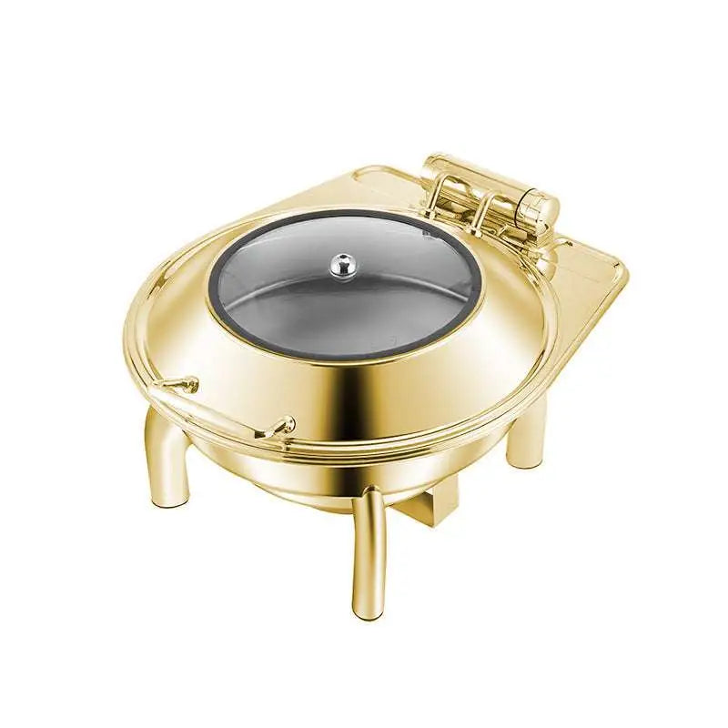 Gold stainless steel hotel restaurant bufei buffet stove with a polished metal finish and clear glass lid chafing dish