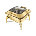 Gold stainless steel hotel restaurant bufei buffet stove with clear glass lid and elegant curved legs interior