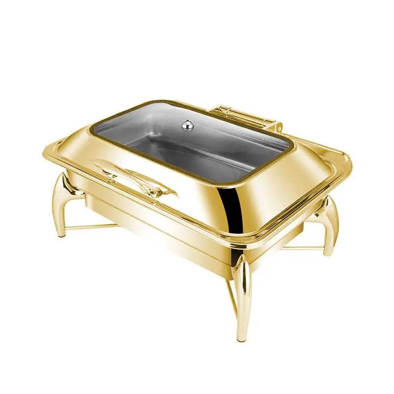 Gold stainless steel hotel restaurant bufei buffet stove with glass lid stainless steel interior and elegant curved legs