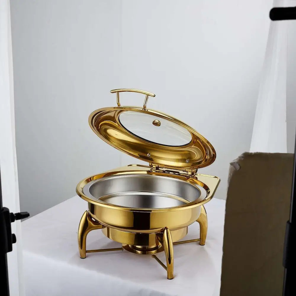 Gold stainless steel hotel restaurant bufei buffet stove chafing dish with clear glass lid and stainless steel interior