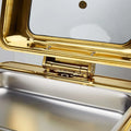 Gold stainless steel hotel restaurant bufei buffet stove with hinged lid and stainless steel interior chafing dish