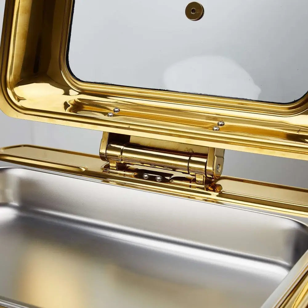 Gold stainless steel hotel restaurant bufei buffet stove with hinged lid and stainless steel interior chafing dish