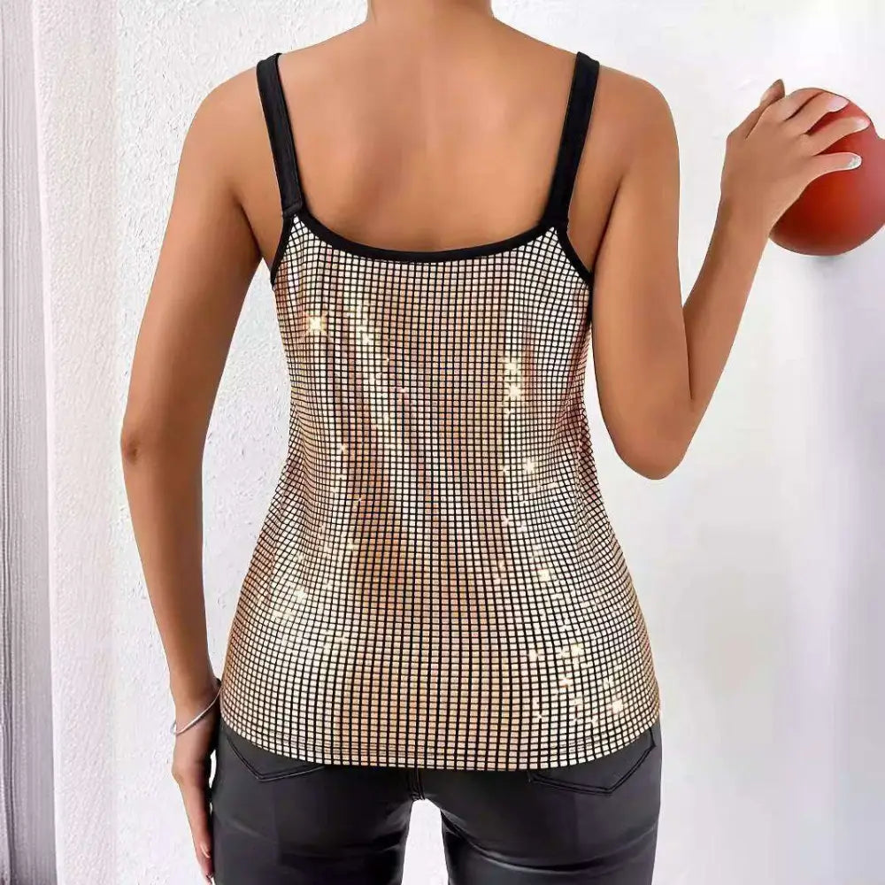A shimmering gold summer sequined suspender chain vest top with black straps and a fitted silhouette
