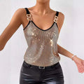 Gold summer sequined suspender chain vest top with shimmering gold sequined mesh and black trim straps with metallic clasp