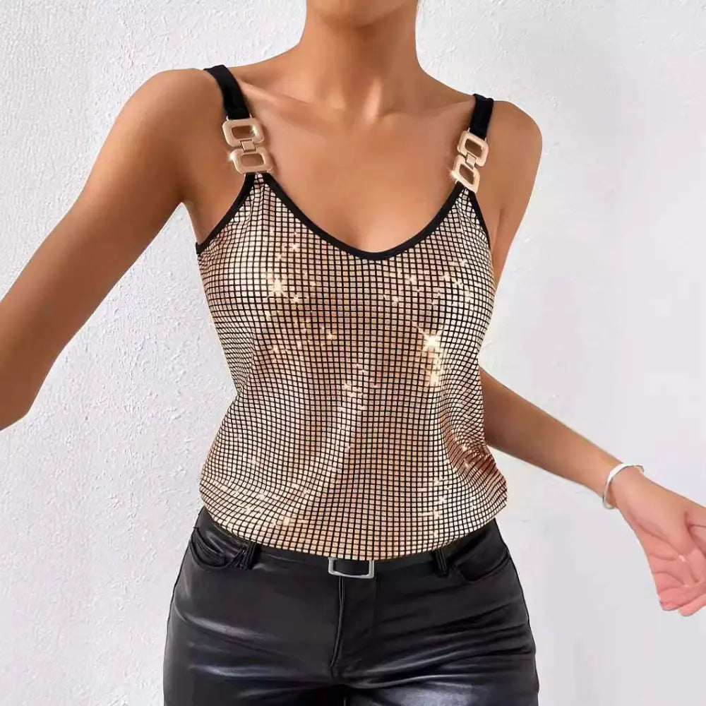 Gold summer sequined suspender chain vest top with shimmering gold sequined mesh and black trim straps with metallic clasp