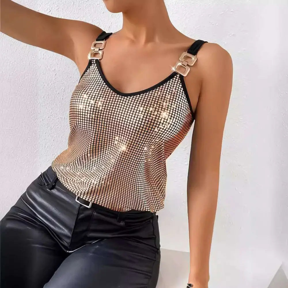 Gold summer sequined suspender chain vest top featuring a shimmering gold mesh tank with black trim and square metal clasps