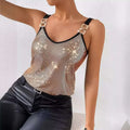 Gold sequined mesh tank top with black straps and square metallic buckles featuring summer sequined suspender chain design