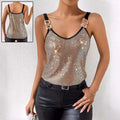 Gold summer sequined suspender chain vest top featuring a shimmering gold mesh tank with black trim and square metal clasps